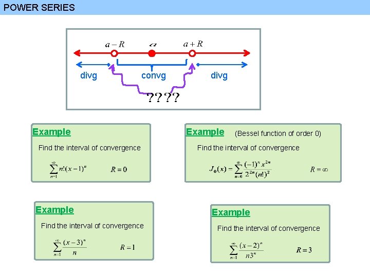 POWER SERIES divg convg Example Find the interval of convergence divg Example (Bessel function