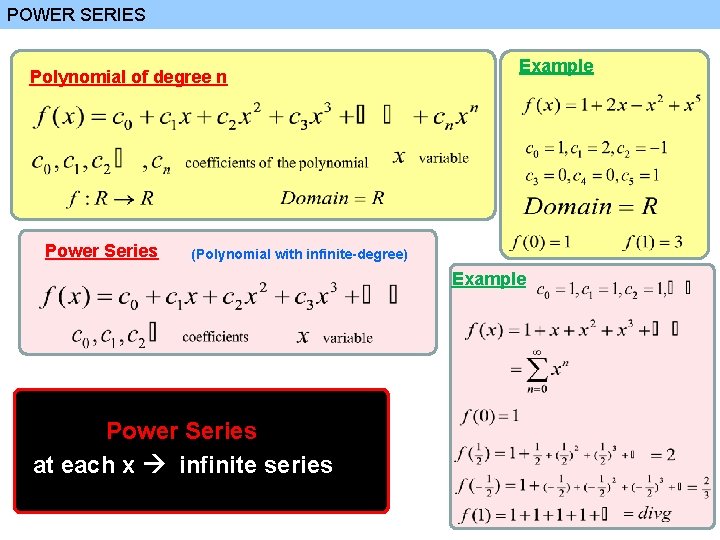 POWER SERIES Polynomial of degree n Power Series Example (Polynomial with infinite-degree) Example Power