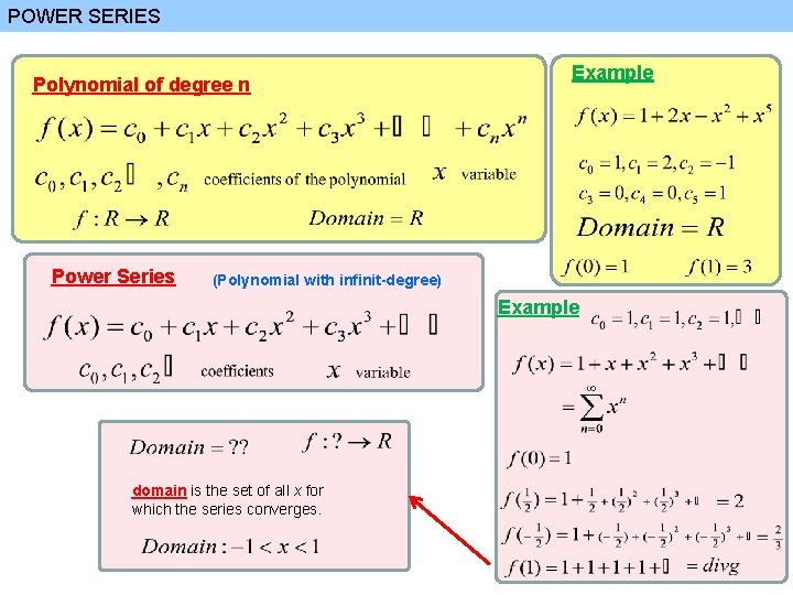 POWER SERIES Polynomial of degree n Power Series Example (Polynomial with infinit-degree) Example domain