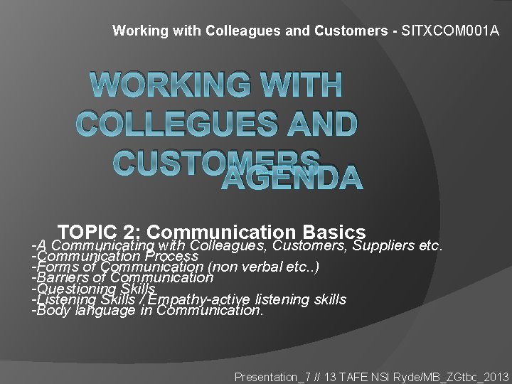 Working with Colleagues and Customers - SITXCOM 001 A WORKING WITH COLLEGUES AND CUSTOMERS