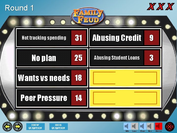 Round 1 Not tracking spending 31 No plan 25 Abusing Credit 9 3 Abusing