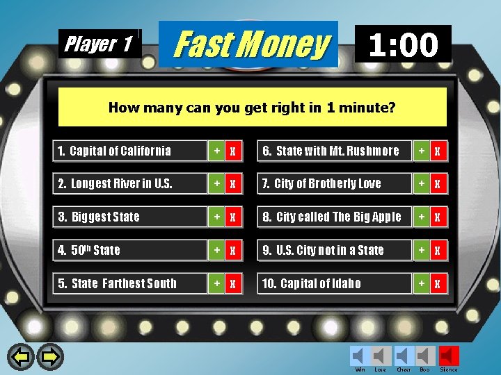 Player 1 Fast Money 1: 00 0: 59 0: 58 0: 57 0: 56