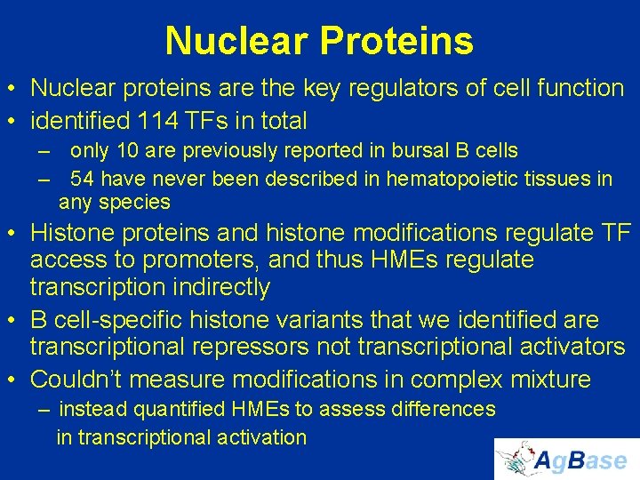 Nuclear Proteins • Nuclear proteins are the key regulators of cell function • identified