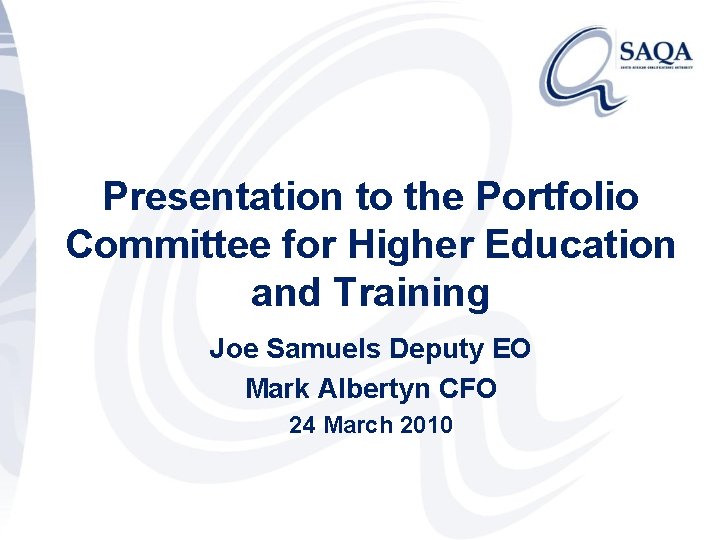 Presentation to the Portfolio Committee for Higher Education