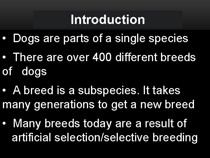 Introduction • Dogs are parts of a single species • There are over 400