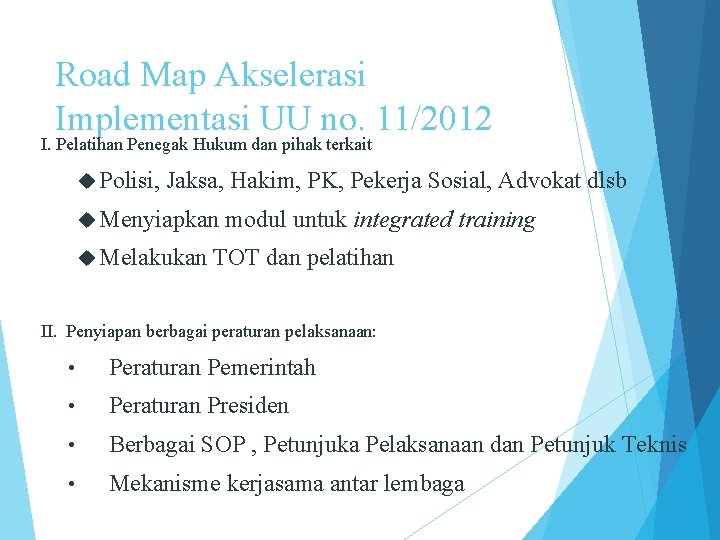 Road Map Akselerasi Implementasi UU no. 11/2012 I. Pelatihan Penegak Hukum dan pihak terkait Road Map Akselerasi Implementasi UU no. 11/2012 I. Pelatihan Penegak Hukum dan pihak terkait