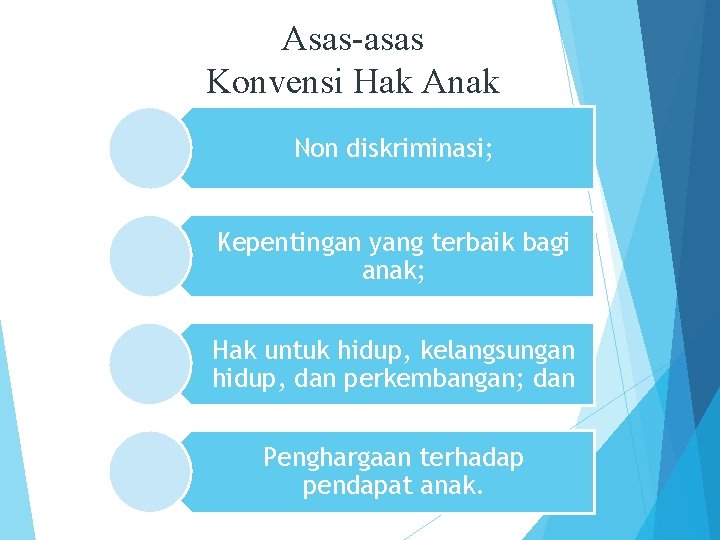 Asas-asas Konvensi Hak Anak Non diskriminasi; Kepentingan yang terbaik bagi anak; Hak untuk hidup,