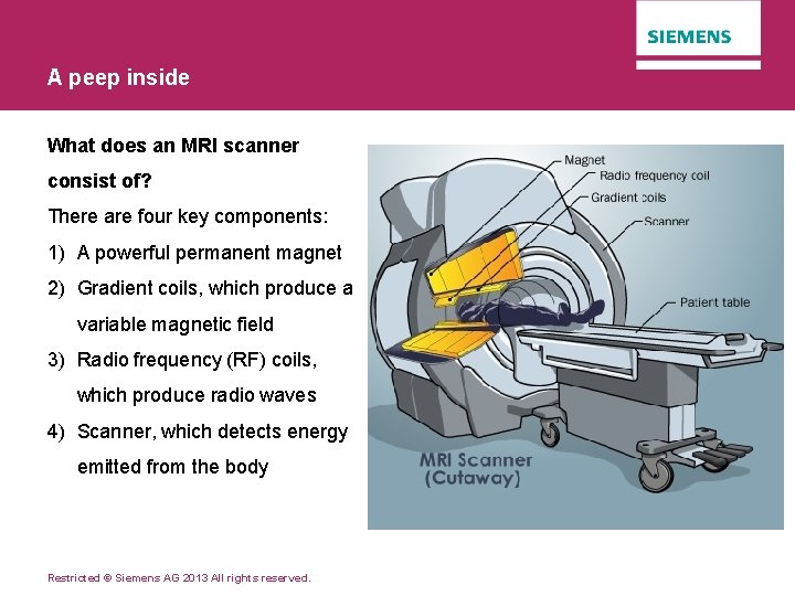 A peep inside What does an MRI scanner consist of? There are four key