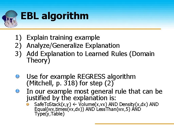 EBL algorithm 1) Explain training example 2) Analyze/Generalize Explanation 3) Add Explanation to Learned