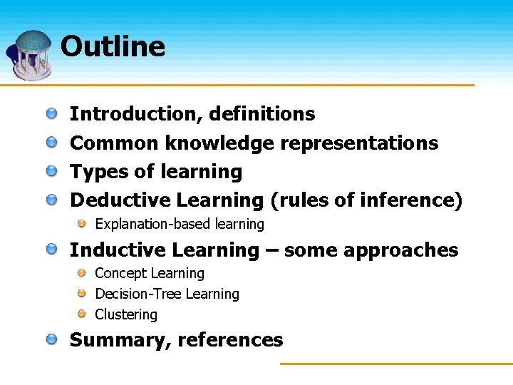 Outline Introduction, definitions Common knowledge representations Types of learning Deductive Learning (rules of inference)