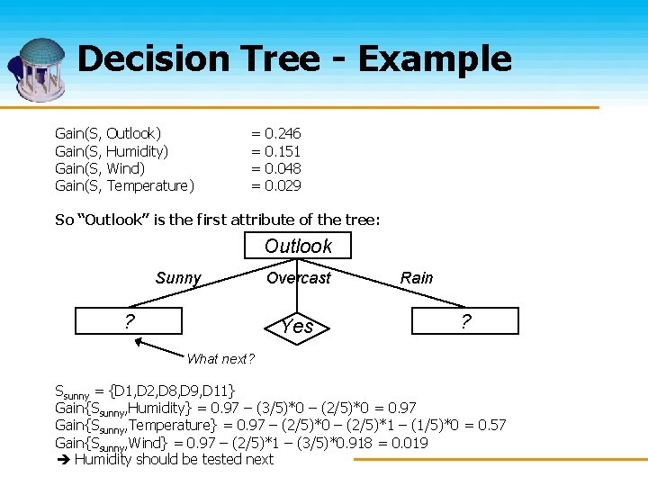 Decision Tree - Example Gain(S, Outlook) Humidity) Wind) Temperature) = = 0. 246 0.