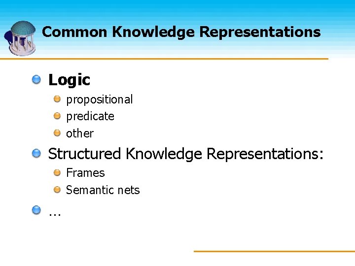 Common Knowledge Representations Logic propositional predicate other Structured Knowledge Representations: Frames Semantic nets …