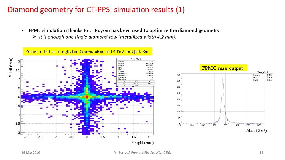 Diamond geometry for CT-PPS: simulation results (1) • FPMC simulation (thanks to C. Royon)