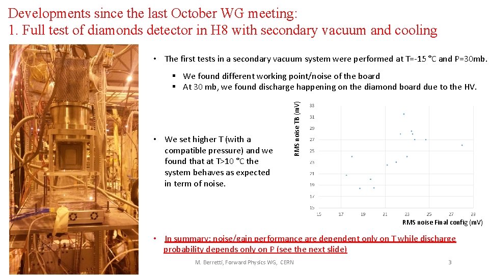 Developments since the last October WG meeting: 1. Full test of diamonds detector in