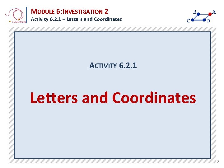 MODULE 6: INVESTIGATION 2 Activity 6. 2. 1 – Letters and Coordinates ACTIVITY 6. MODULE 6: INVESTIGATION 2 Activity 6. 2. 1 – Letters and Coordinates ACTIVITY 6.