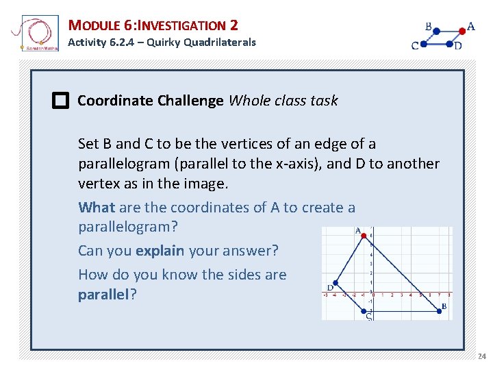 MODULE 6: INVESTIGATION 2 Activity 6. 2. 4 – Quirky Quadrilaterals Coordinate Challenge Whole MODULE 6: INVESTIGATION 2 Activity 6. 2. 4 – Quirky Quadrilaterals Coordinate Challenge Whole