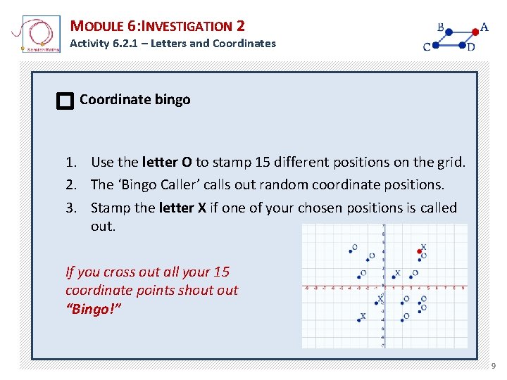 MODULE 6: INVESTIGATION 2 Activity 6. 2. 1 – Letters and Coordinates Coordinate bingo MODULE 6: INVESTIGATION 2 Activity 6. 2. 1 – Letters and Coordinates Coordinate bingo