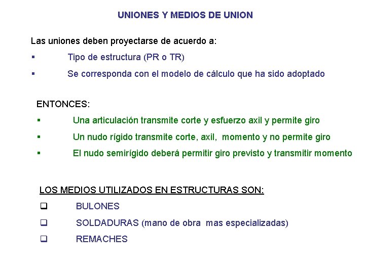 UNIONES Y MEDIOS DE UNION Las uniones deben proyectarse de acuerdo a: § Tipo