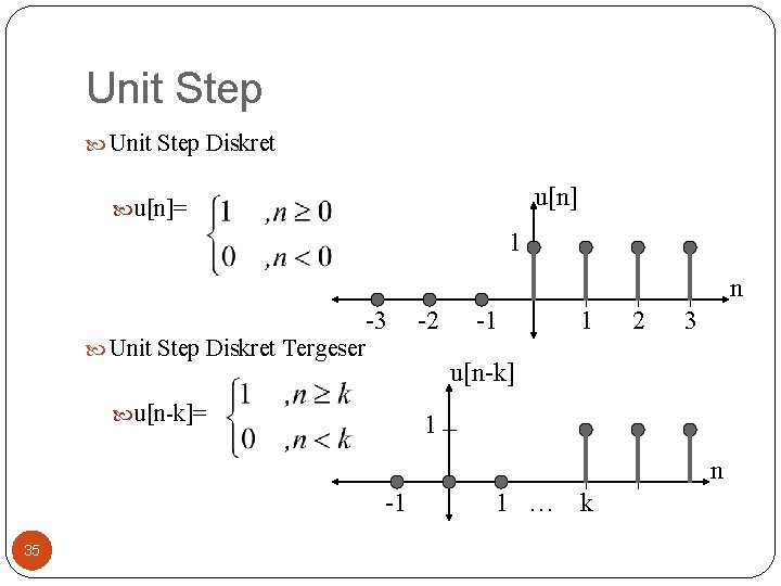Unit Step Diskret u[n]= 1 n -3 -2 Unit Step Diskret Tergeser -1 1