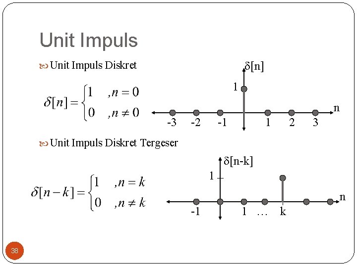 Unit Impuls [n] Unit Impuls Diskret 1 n -3 -2 -1 1 2 3