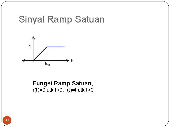 Sinyal Ramp Satuan Fungsi Ramp Satuan, r(t)=0 utk t<0, r(t)=t utk t>0 43 Sinyal Ramp Satuan Fungsi Ramp Satuan, r(t)=0 utk t<0, r(t)=t utk t>0 43