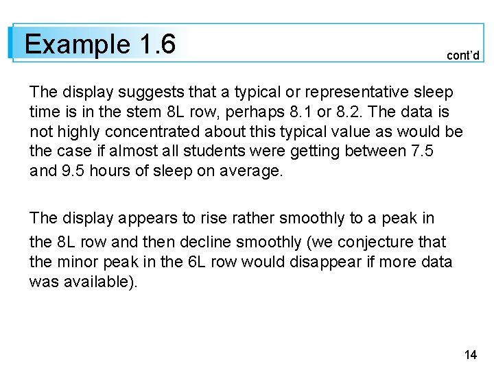 Example 1. 6 cont’d The display suggests that a typical or representative sleep time