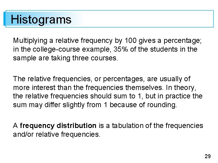 Histograms Multiplying a relative frequency by 100 gives a percentage; in the college-course example,