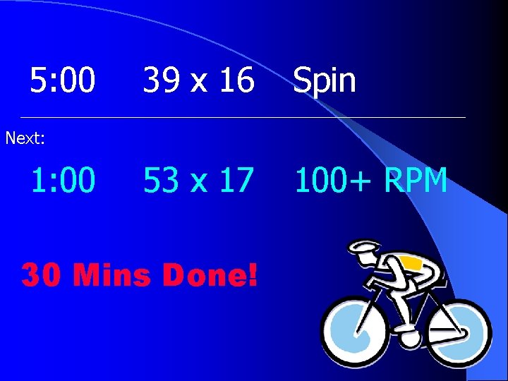 5: 00 39 x 16 Spin 53 x 17 100+ RPM Next: 1: 00