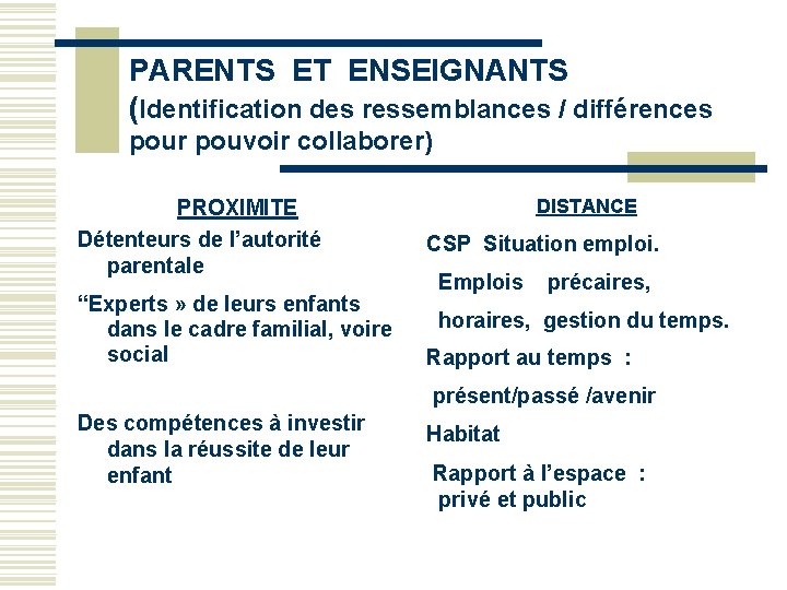 PARENTS ET ENSEIGNANTS (Identification des ressemblances / différences pour pouvoir collaborer) PROXIMITE Détenteurs de