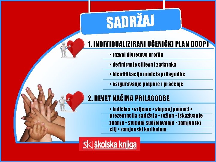 SADRŽAJ 1. INDIVIDUALIZIRANI UČENIČKI PLAN (IOOP) • razvoj djetetova profila • definiranje ciljeva i