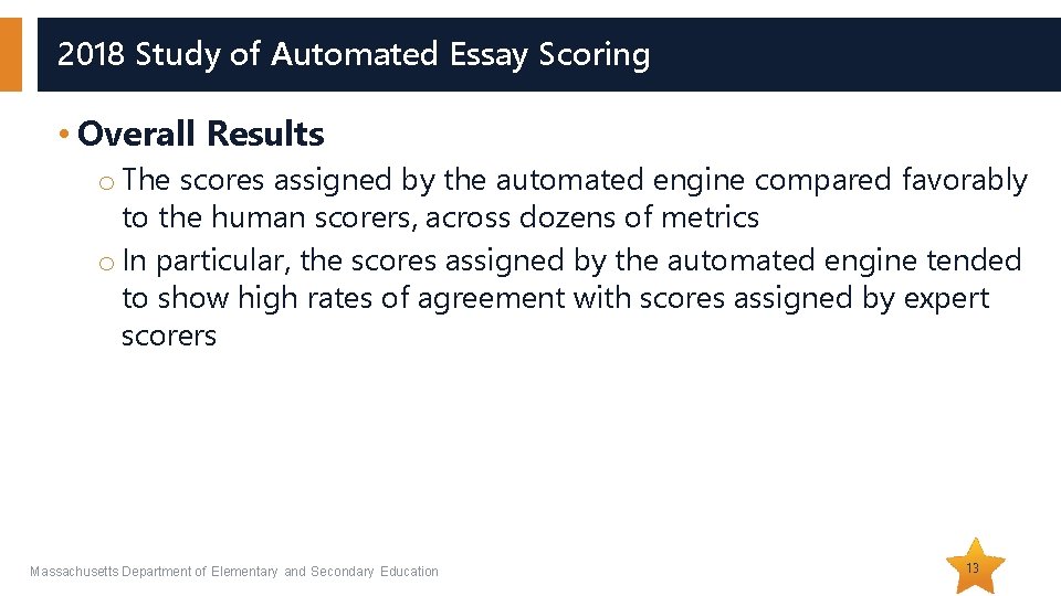 2018 Study of Automated Essay Scoring • Overall Results o The scores assigned by