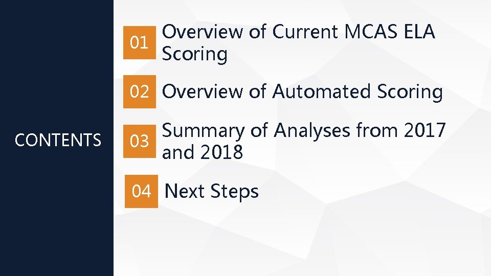 Overview of Current MCAS ELA 01 Scoring 02 Overview of Automated Scoring CONTENTS Summary