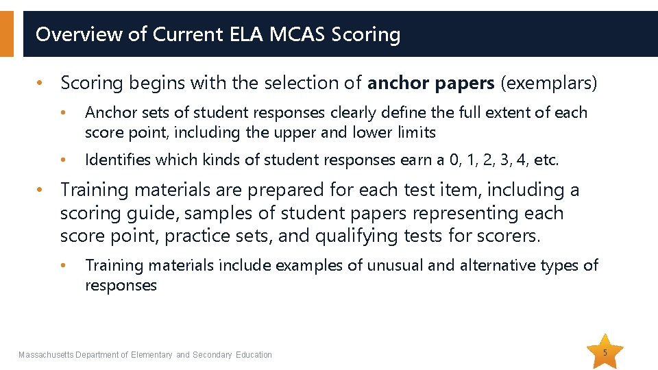 Overview of Current ELA MCAS Scoring • Scoring begins with the selection of anchor