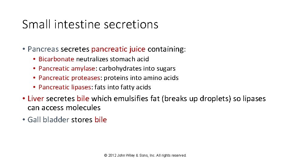 Small intestine secretions • Pancreas secretes pancreatic juice containing: • • Bicarbonate neutralizes stomach