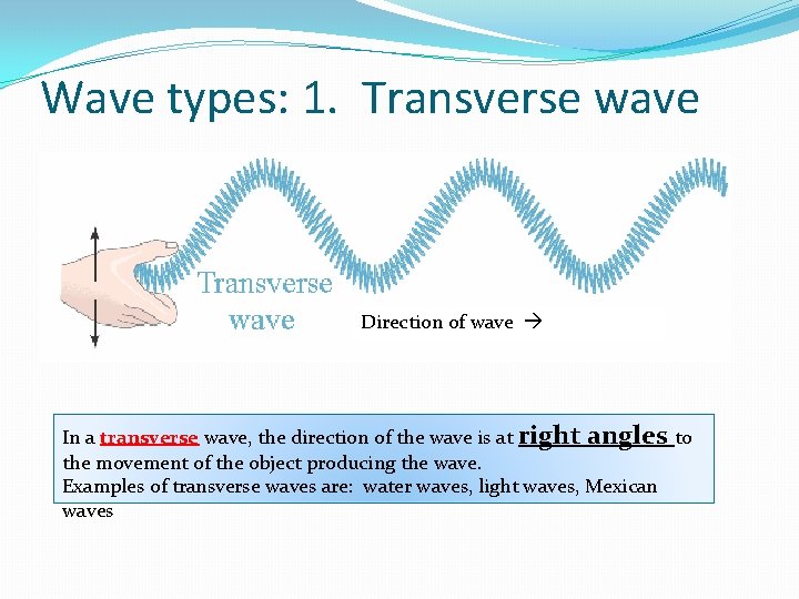 Wave types: 1. Transverse wave Direction of wave In a transverse wave, the direction