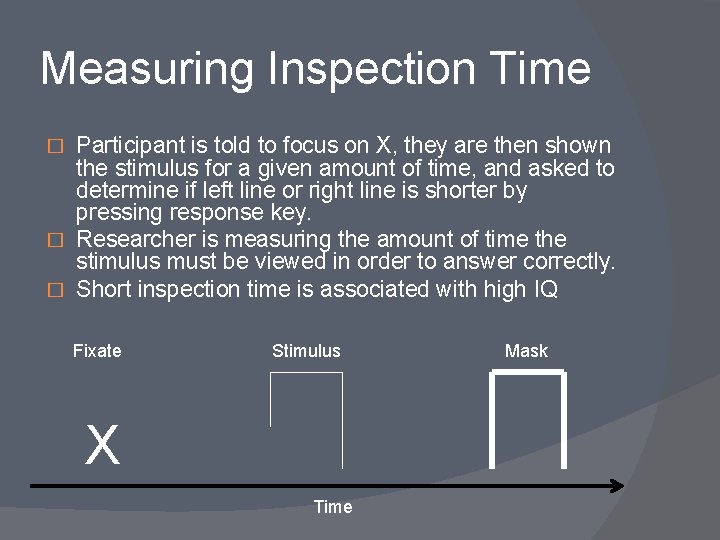 Measuring Inspection Time Participant is told to focus on X, they are then shown