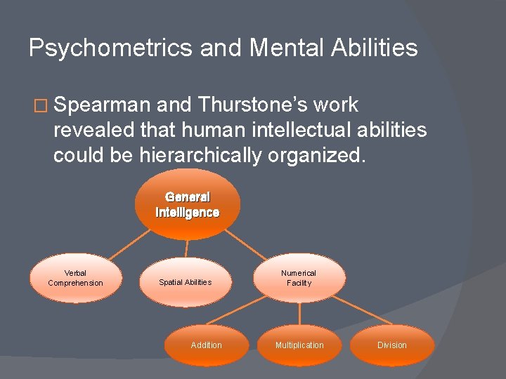 Psychometrics and Mental Abilities � Spearman and Thurstone’s work revealed that human intellectual abilities