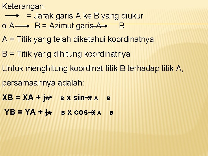 Keterangan: = Jarak garis A ke B yang diukur αA B = Azimut garis