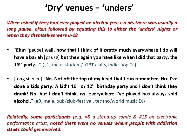 ‘Dry’ venues = ‘unders’ When asked if they had ever played an alcohol-free events