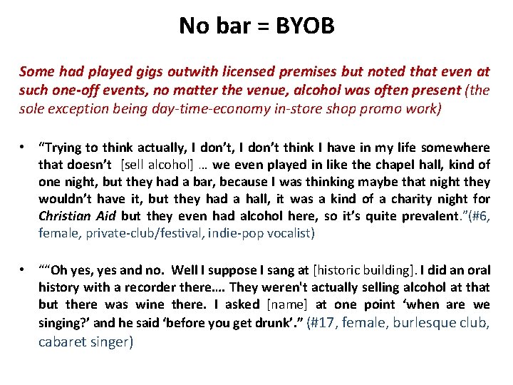 No bar = BYOB Some had played gigs outwith licensed premises but noted that