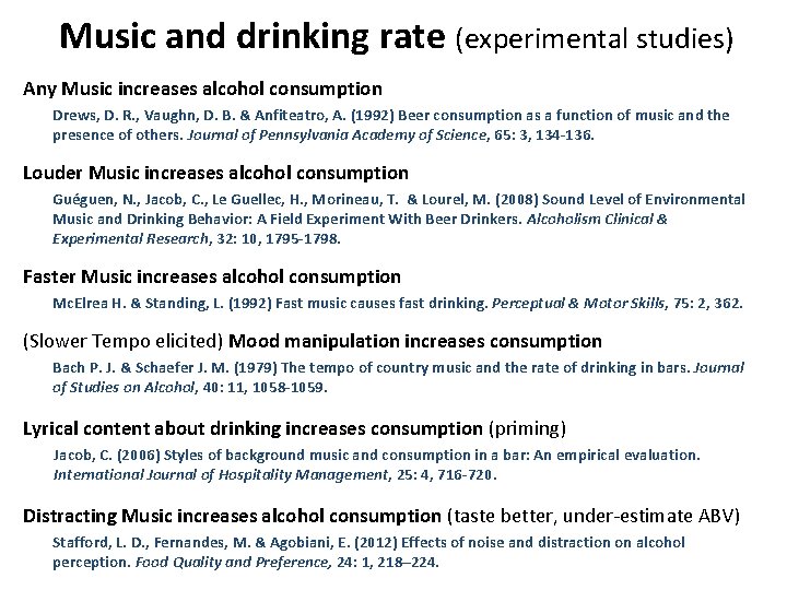 Music and drinking rate (experimental studies) Any Music increases alcohol consumption Drews, D. R.