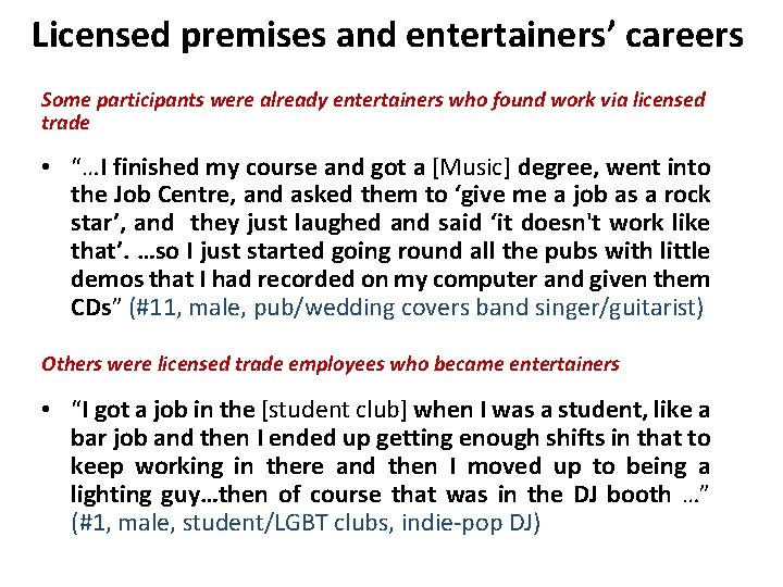 Licensed premises and entertainers’ careers Some participants were already entertainers who found work via
