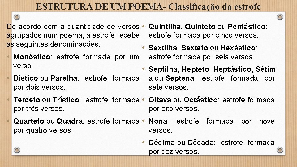 ESTRUTURA DE UM POEMA- Classificação da estrofe De acordo com a quantidade de versos