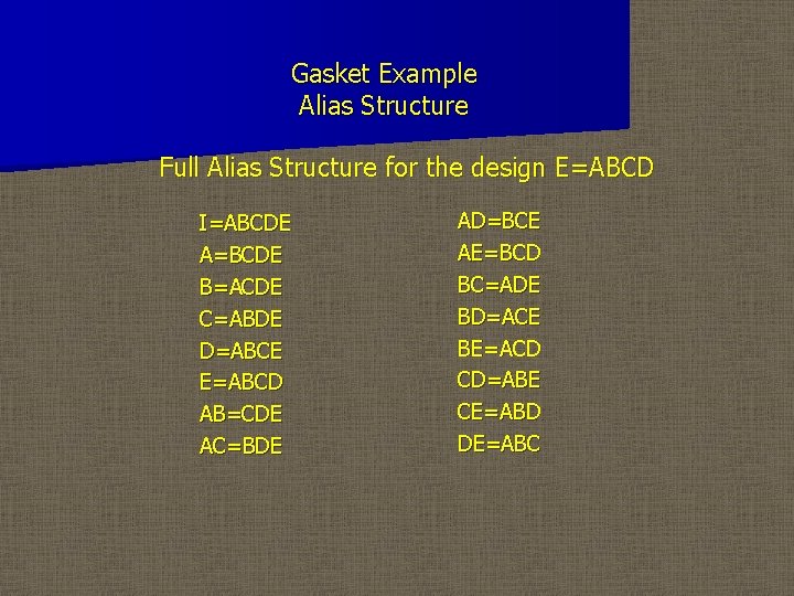 Gasket Example Alias Structure Full Alias Structure for the design E=ABCD I=ABCDE A=BCDE B=ACDE