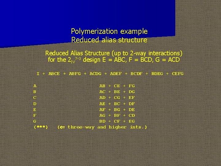 Polymerization example Reduced alias structure Reduced Alias Structure (up to 2 -way interactions) for