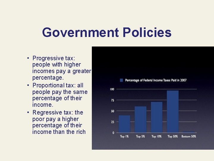 Government Policies • Progressive tax: people with higher incomes pay a greater percentage. •