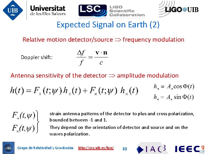 Expected Signal on Earth (2) Relative motion detector/source frequency modulation Doppler shift: Antenna sensitivity