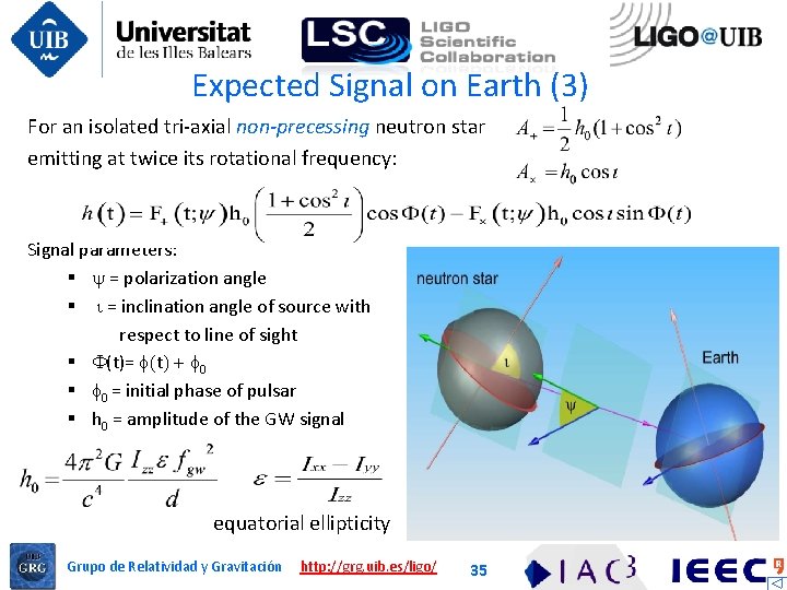 Expected Signal on Earth (3) For an isolated tri-axial non-precessing neutron star emitting at