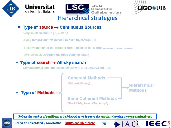 Hierarchical strategies § Type of source Continuous Sources Very small amplitude ( h 0