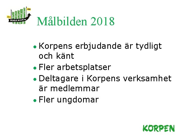 Målbilden 2018 ● Korpens erbjudande är tydligt och känt ● Fler arbetsplatser ● Deltagare